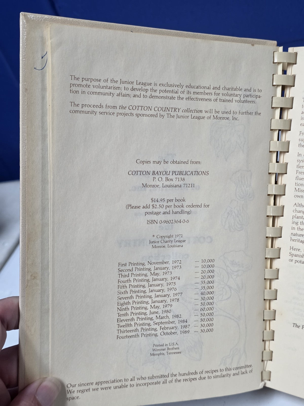 The Cotton Country Collection Cookbook HC 1975 Louisiana Recipes  W4