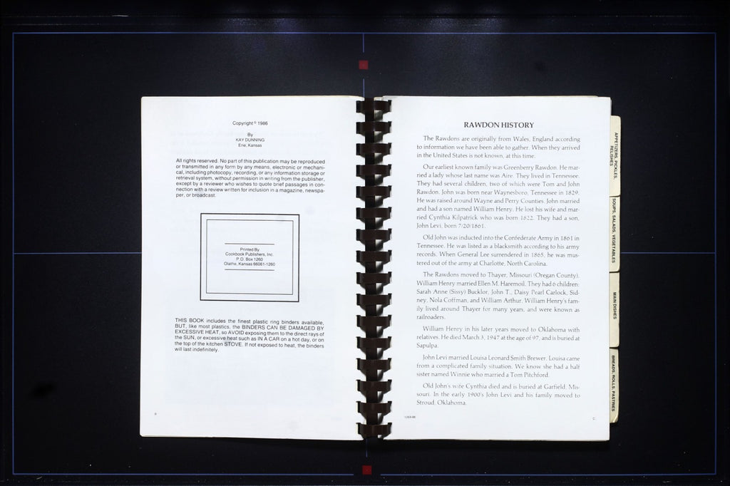 Rawdon Family Cookbook (1986) - Vintage Recipes - Erie, Kansas - Kay Dunning