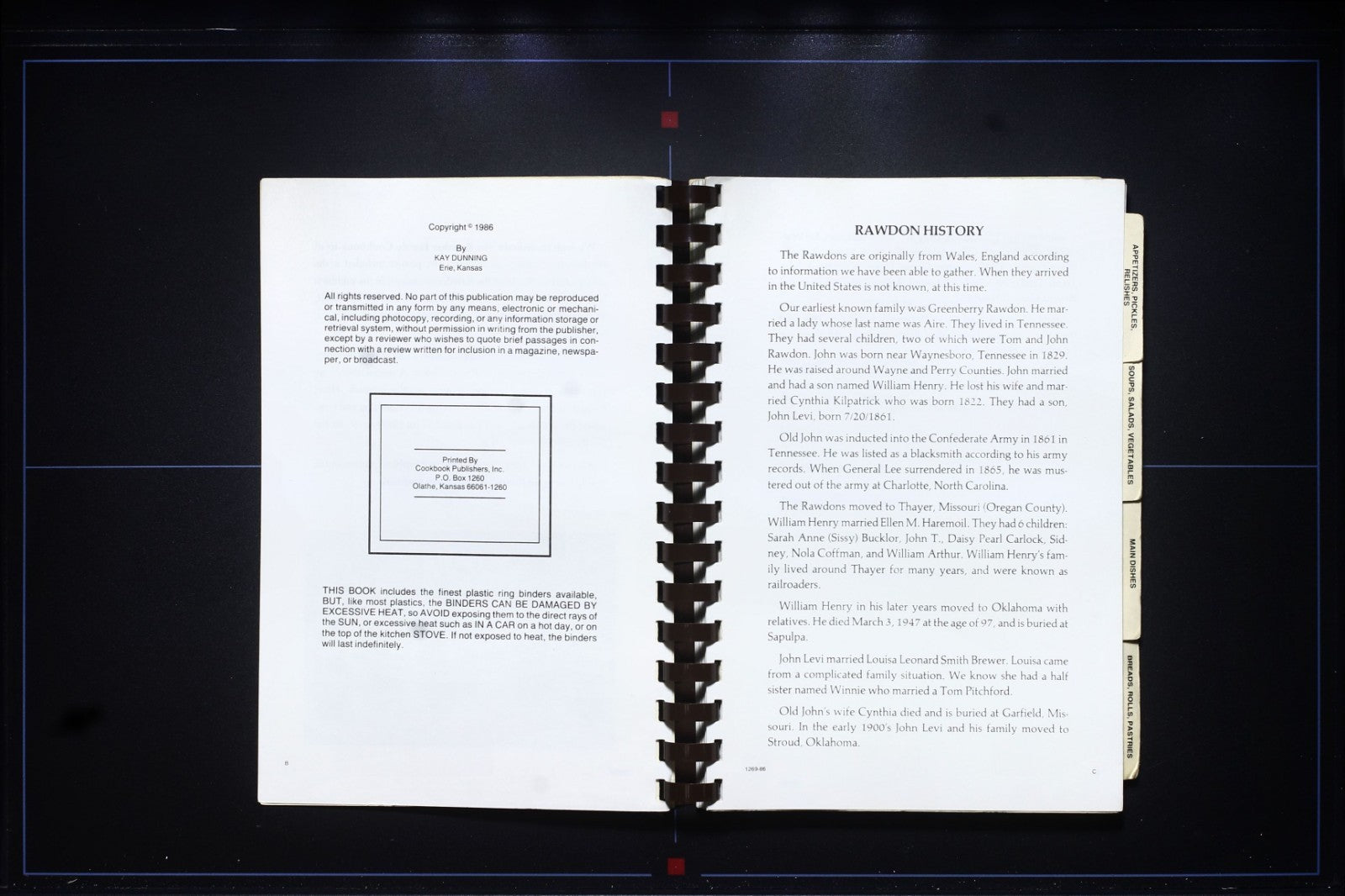 Rawdon Family Cookbook (1986) - Vintage Recipes - Erie, Kansas - Kay Dunning