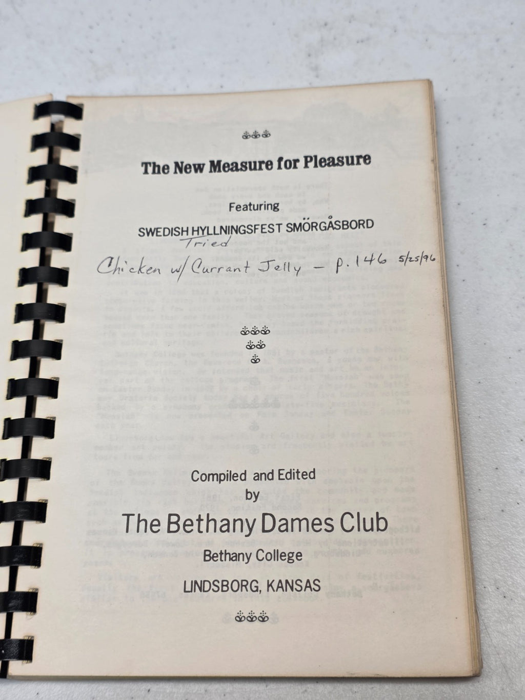 Measure for Pleasure Cookbook - Swedish - Lindsborg, Kansas - Bethany College
